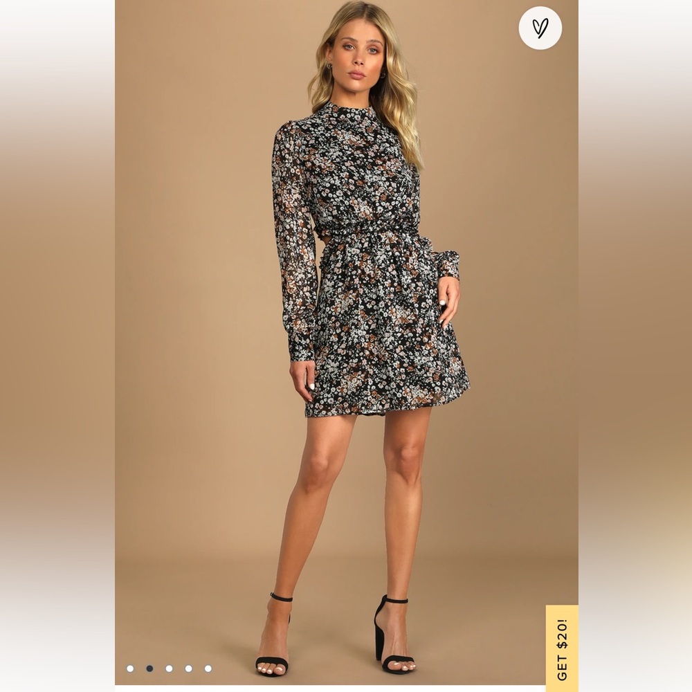 NWT Lulus Autumn Bliss Black Floral Print Long Sleeve Cutout Mini Dress